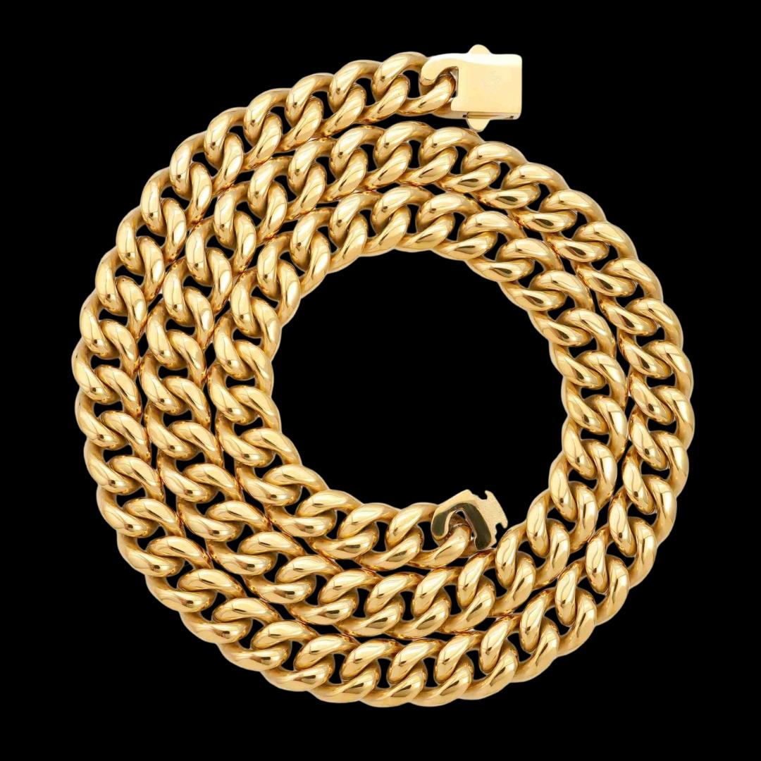 10MM 14K Solid Yellow Gold Cuban Link Chain Full Close Up View