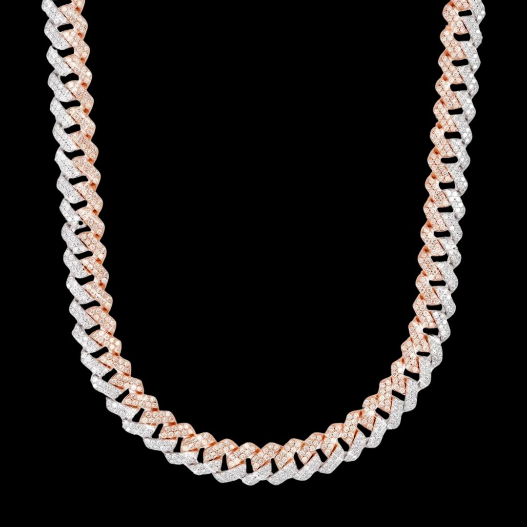 10MM Two-Tone VVS Moissanite Cuban Link Chain 14K Rose Gold Diamond Front View