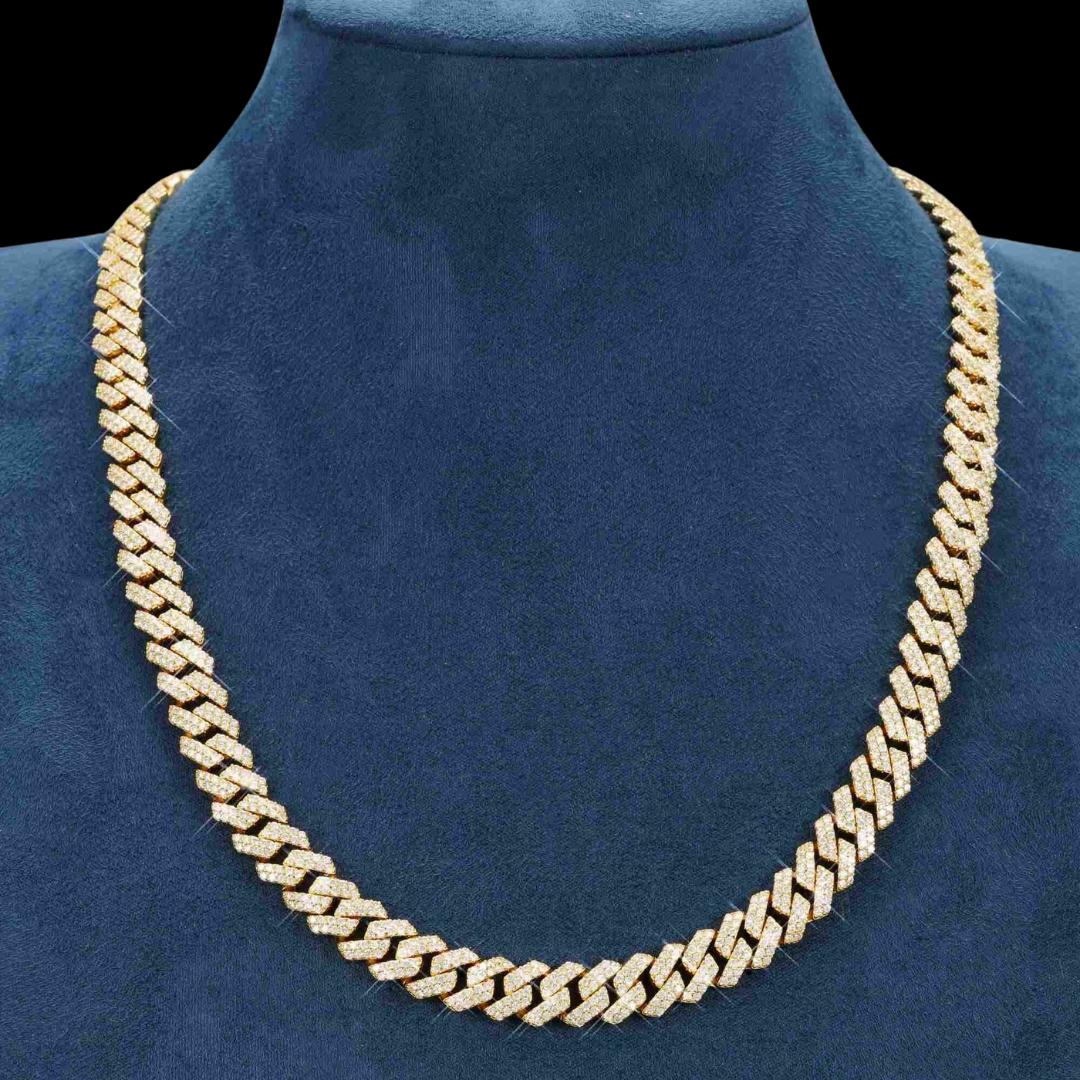 10MM VVS Moissanite Pave Cuban Necklace in 14K Gold