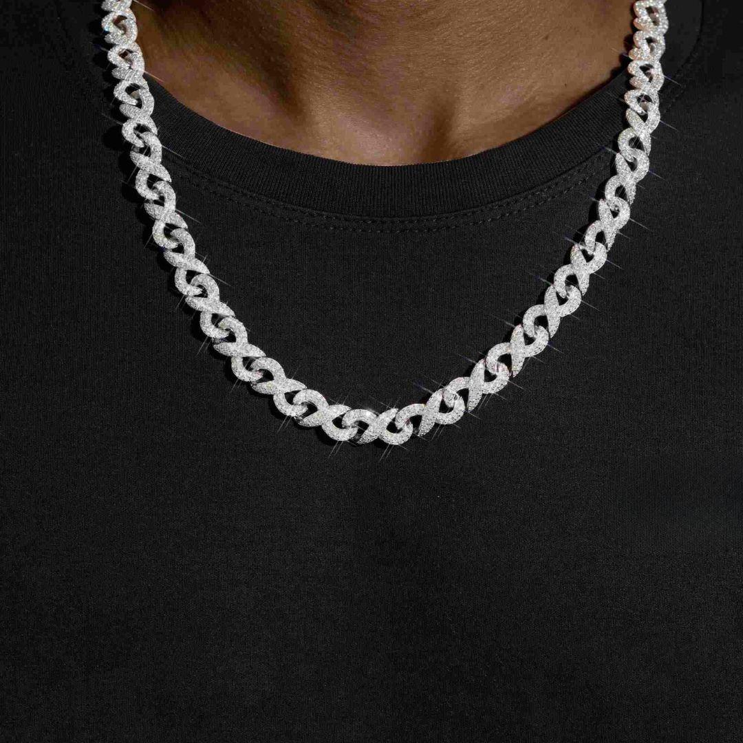 10mm Moissanite Infinity Link Chain in 14K Gold Neck View
