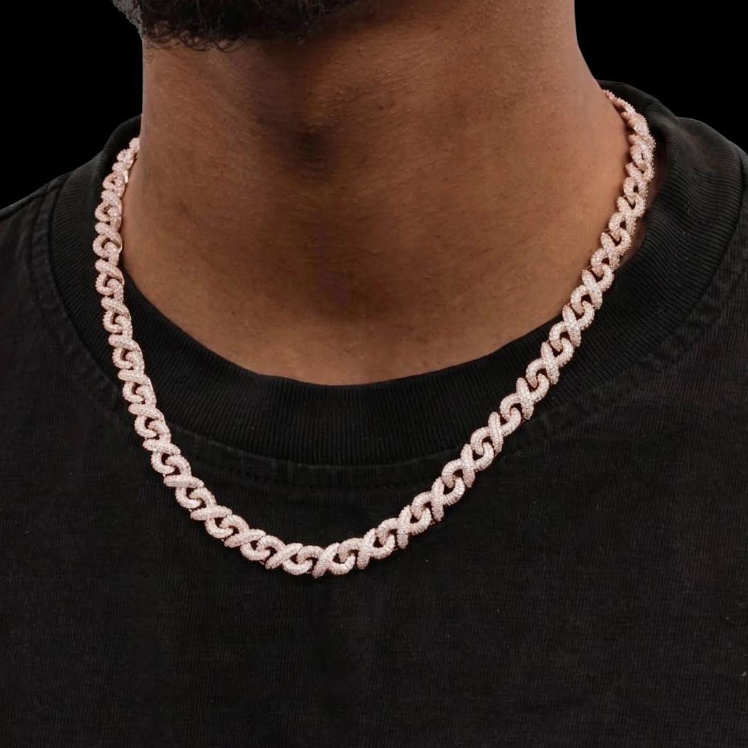 10mm Moissanite Infinity Link Chain in 14K Rose Gold Close Up Neck View