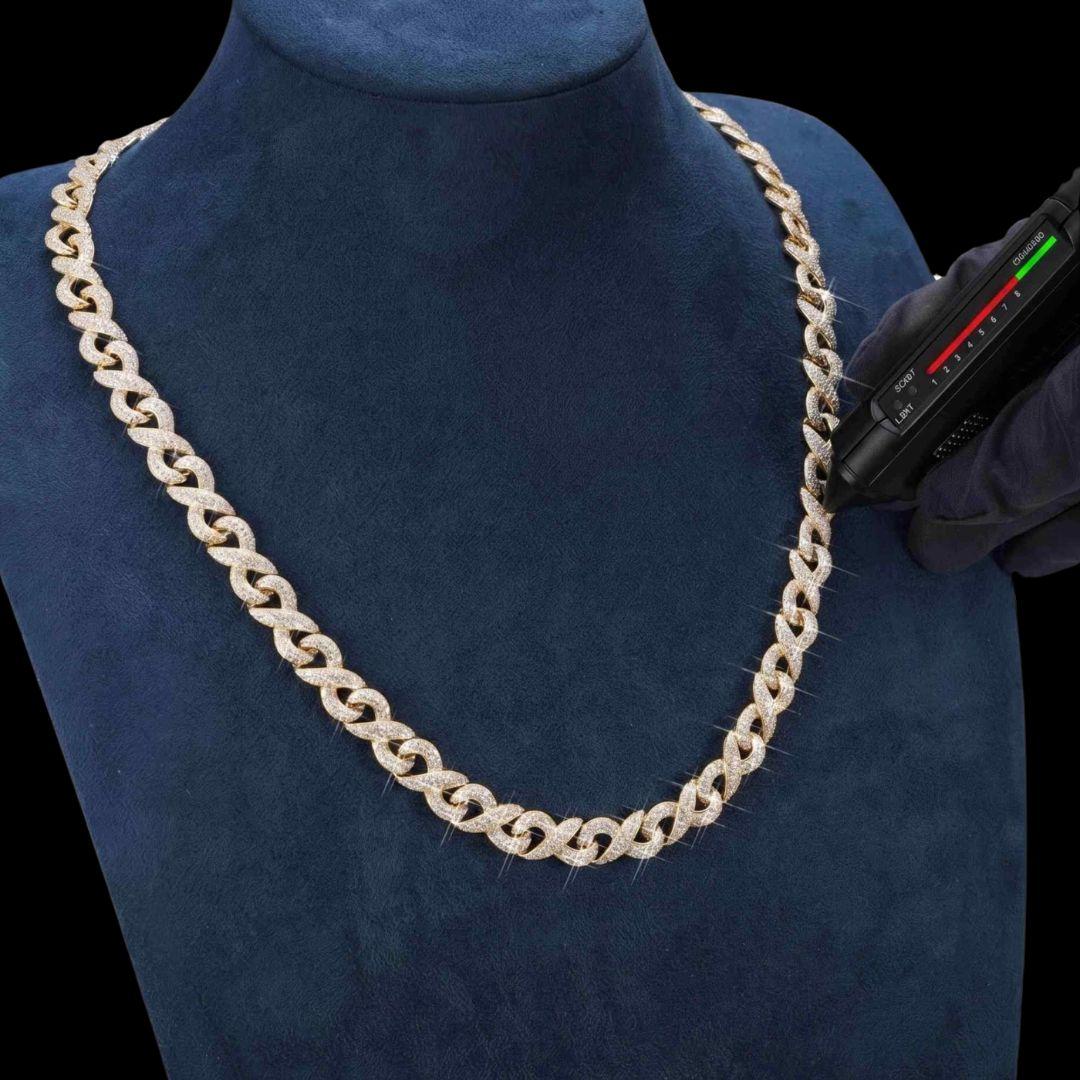 10mm Moissanite Infinity Link Chain in 14K Yellow Gold Diamond Test View