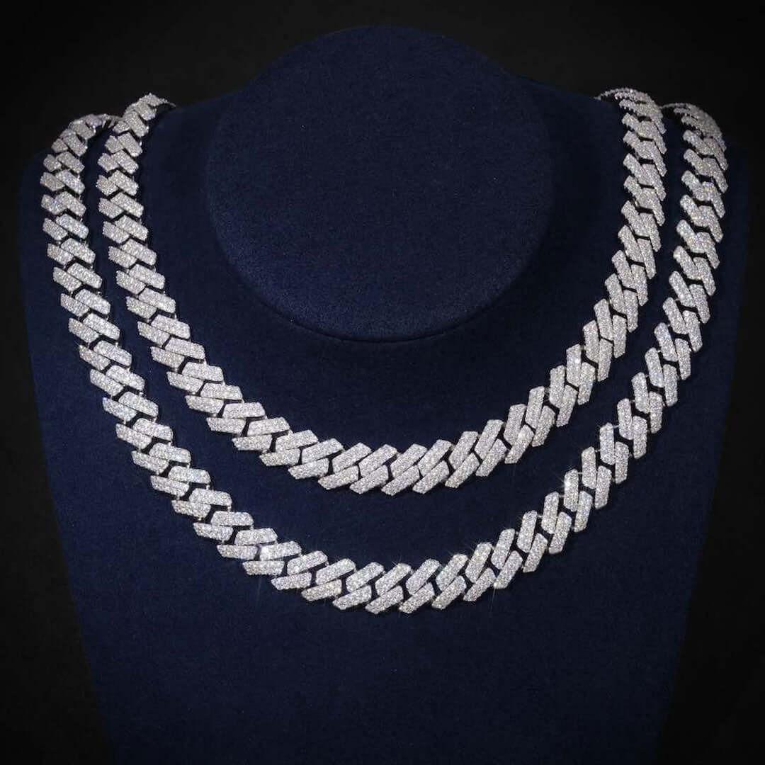 10mm Round Moissanite Cuban Chain in 14K White Gold Double Chain Close Up Neck View
