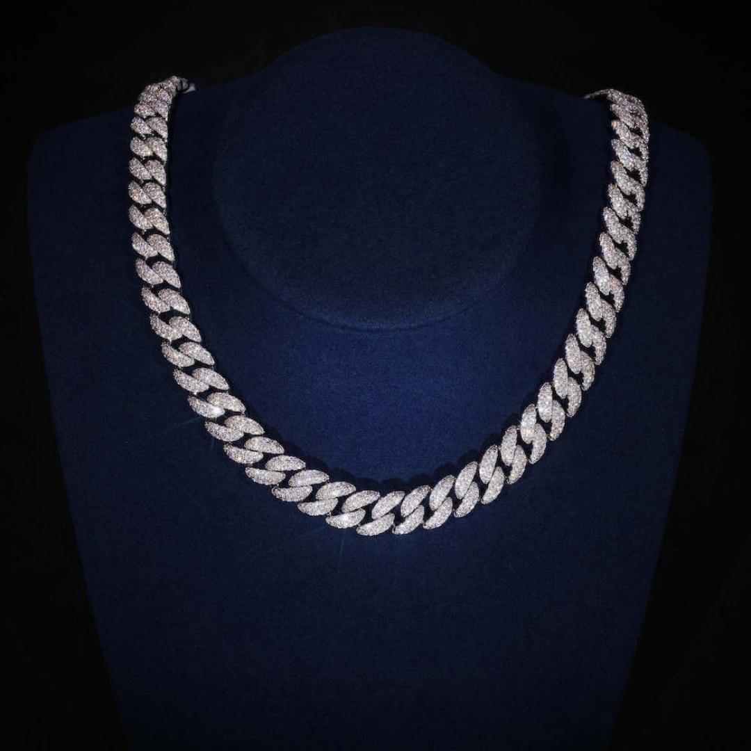10mm Round Moissanite Cuban Link Chain Glacial in 14K White Gold Close Up Neck View