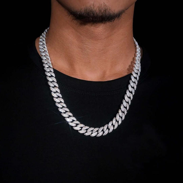 10mm Round Moissanite Cuban Link Chain Glacial in 14K White Gold On Neck View