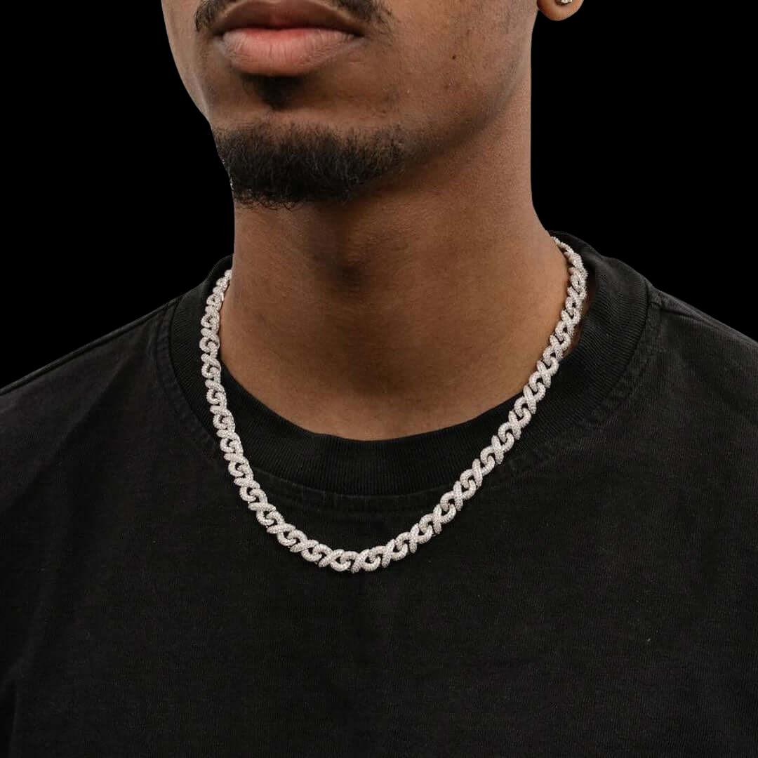 10mm Round Moissanite Cuban Link Chain in 14K White Gold On Neck View