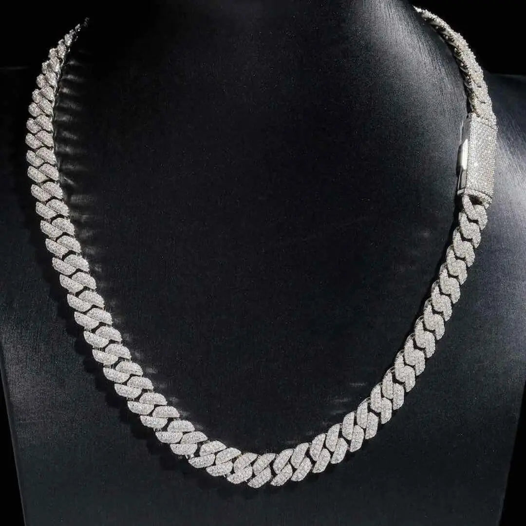 10mm Round Moissanite Cuban Link Frost Chain in 14K White Gold On Neck View