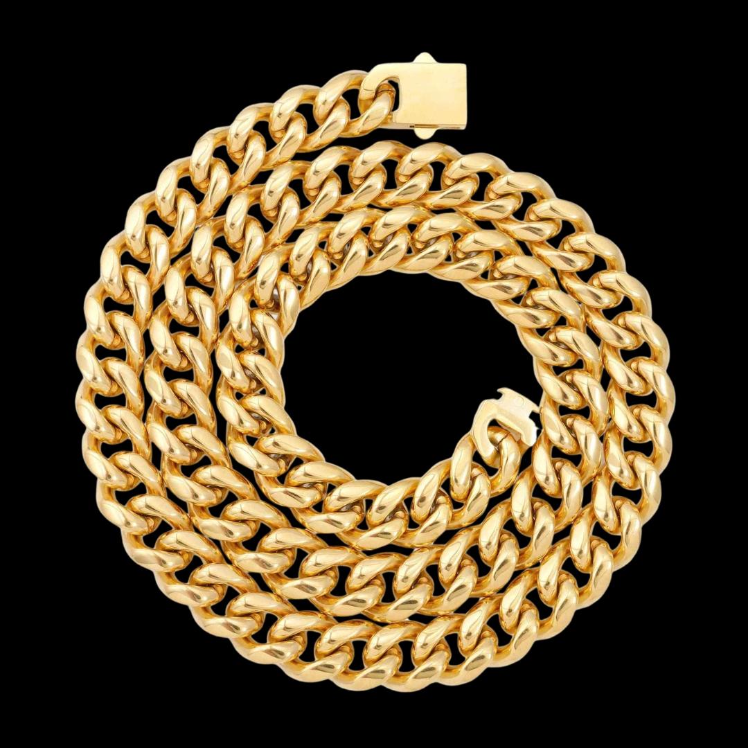 12MM 14K Solid Yellow Gold Cuban Link Chain Full Close Up View