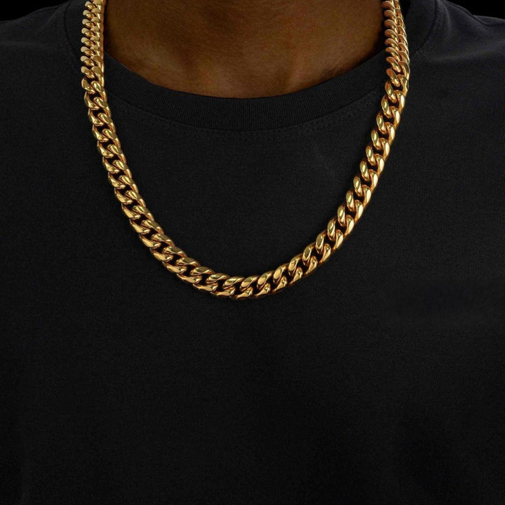 12MM 14K Solid Yellow Gold Cuban Link Chain Neck View