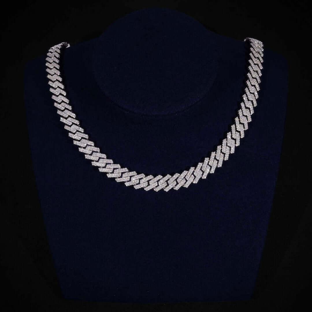 12mm Round Moissanite Cuban Link Chain in 14K Gold On Neck View