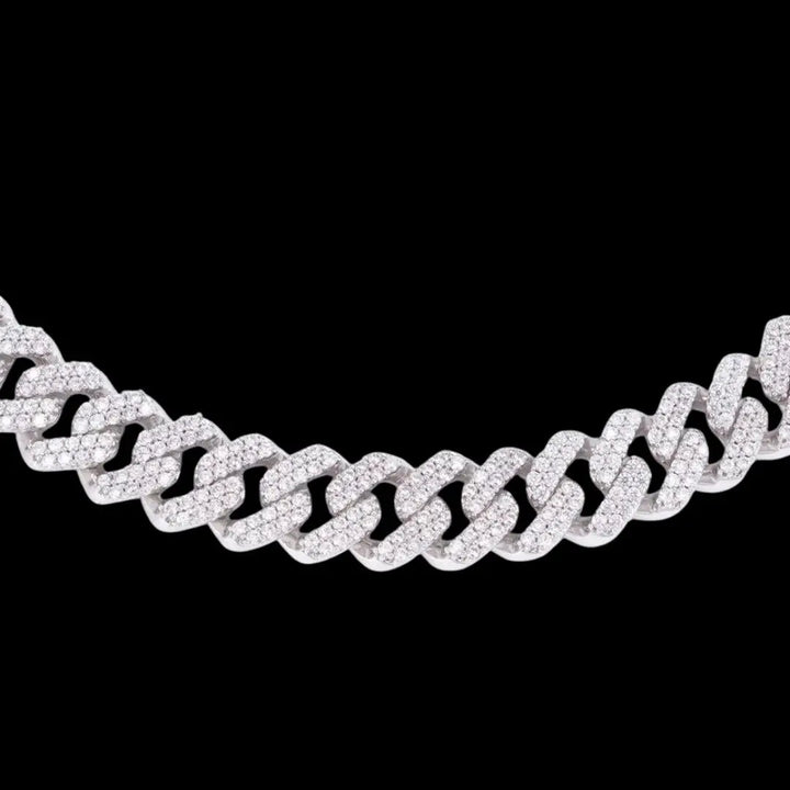 13mm Moissanite Cuban Link Chain in 14K White Gold Close Up View