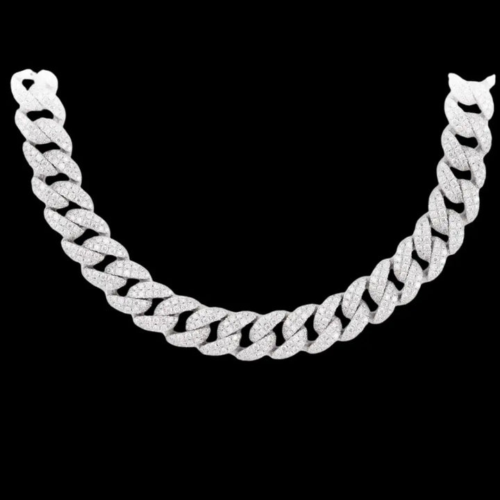 14K Gold 12MM 2-Row Round Moissanite Miami Cuban Chain Close Up View