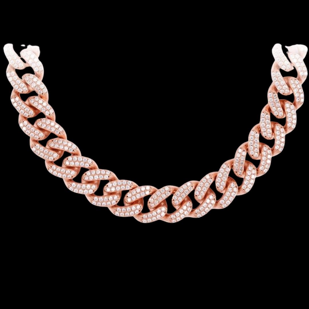 14K Gold 14MM 2-Row Round Moissanite Cuban Link Chain Close Up View