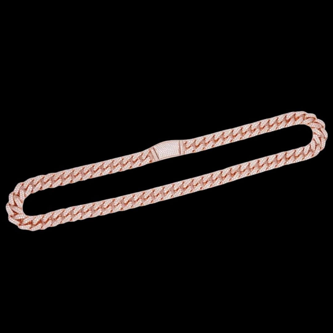 14K Gold 14MM 2-Row Round Moissanite Cuban Link Chain Full Close Up View