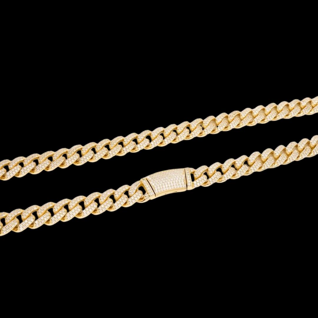 14K Gold 14MM 2-Row Round Moissanite Cuban Link Chain Full Close Up View Yellow Gold