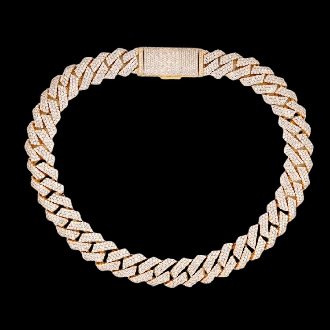 14K Gold 18MM 3-Row Round Moissanite Cuban Chain Full Close Up View