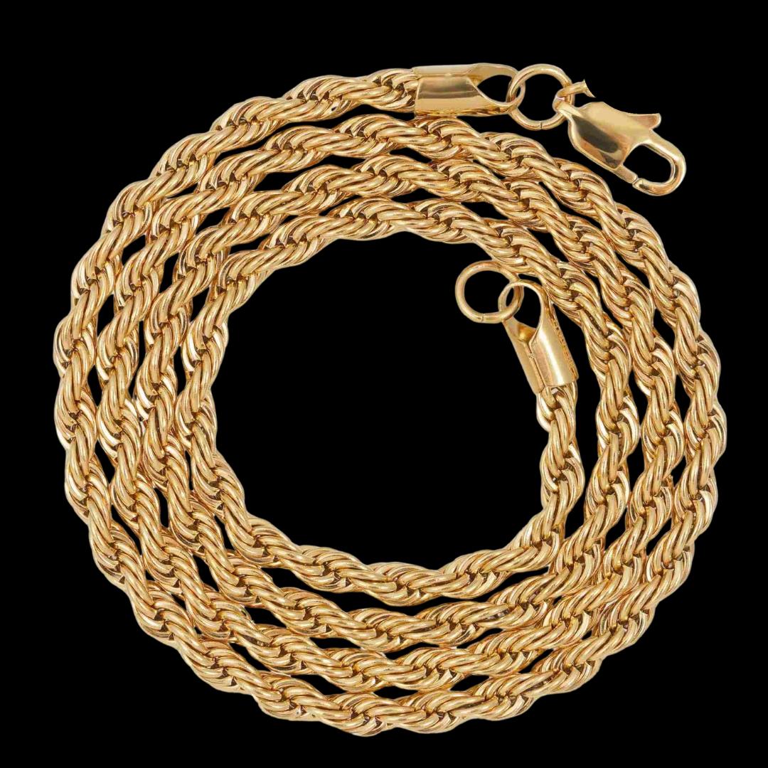 14K Yellow Gold 4MM Rope Link Necklace Full Close Up View