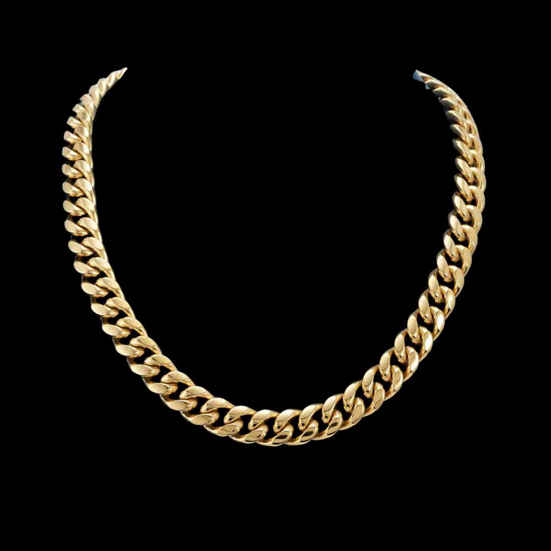 14MM 14K Solid Yellow Gold Cuban Link Chain Close Up View