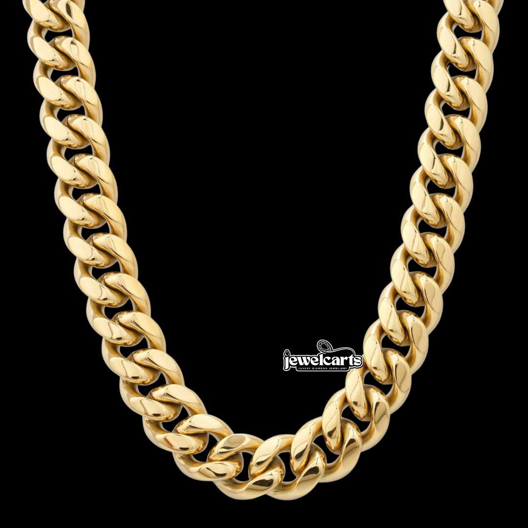 14MM 14K Solid Yellow Gold Cuban Link Chain Front View