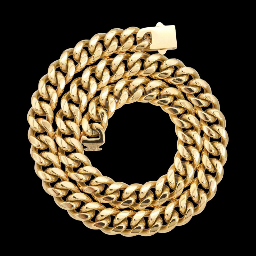 14MM 14K Solid Yellow Gold Cuban Link Chain Full Close Up View