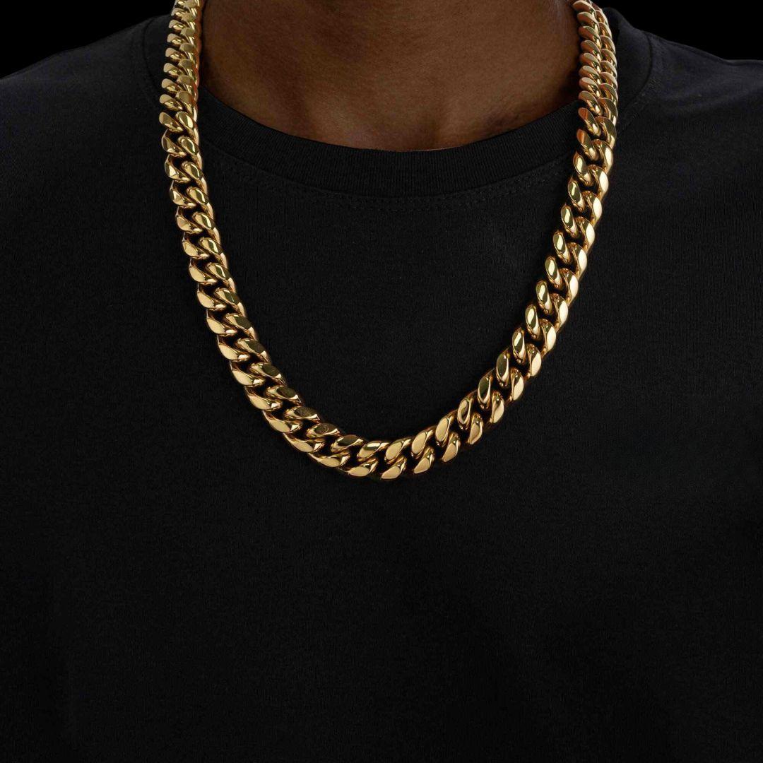 14MM 14K Solid Yellow Gold Cuban Link Chain Neck View
