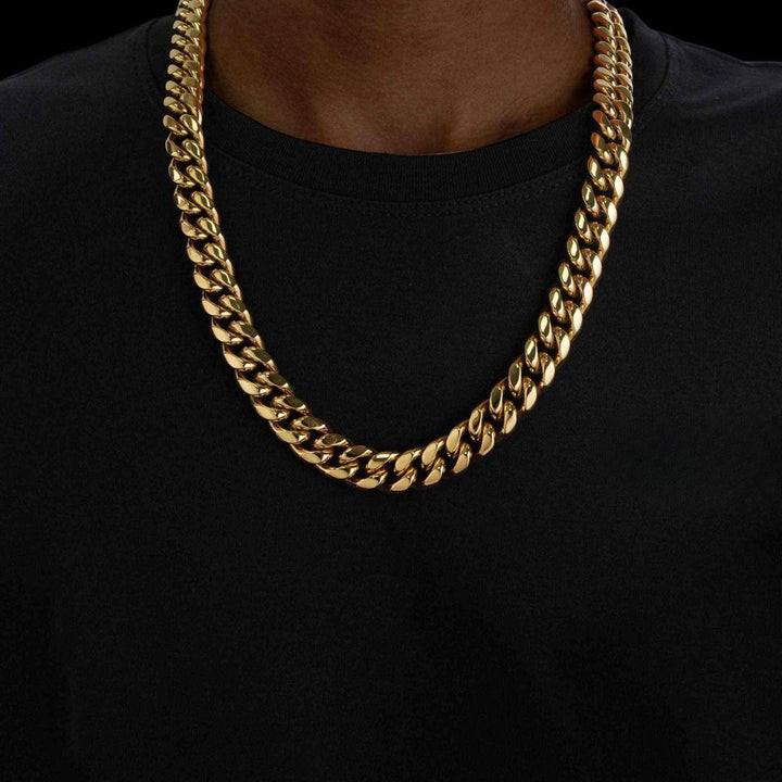 14MM 14K Solid Yellow Gold Cuban Link Chain Neck View