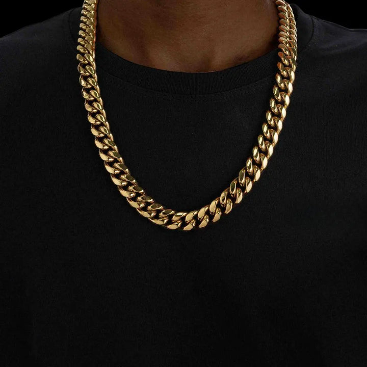 14MM 14K Solid Yellow Gold Cuban Link Chain Neck View