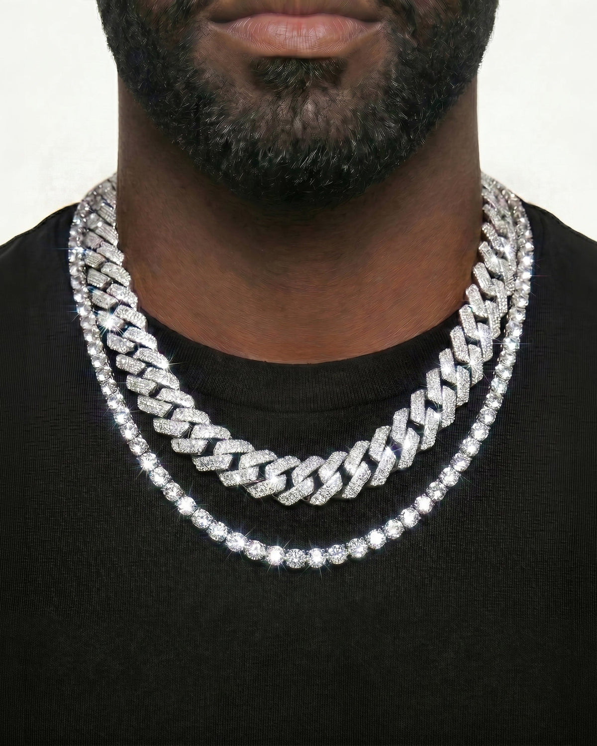 925 Sterling Silver VVS Moissanite Tennis and Cuban Chain Stack