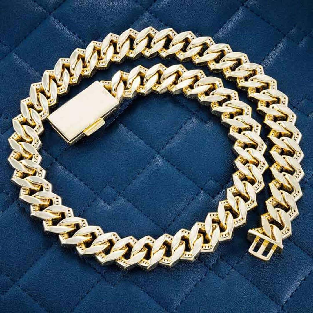 15mm Round Moissanite Cuban Link Chain in 14K Yellow Gold Back Side View