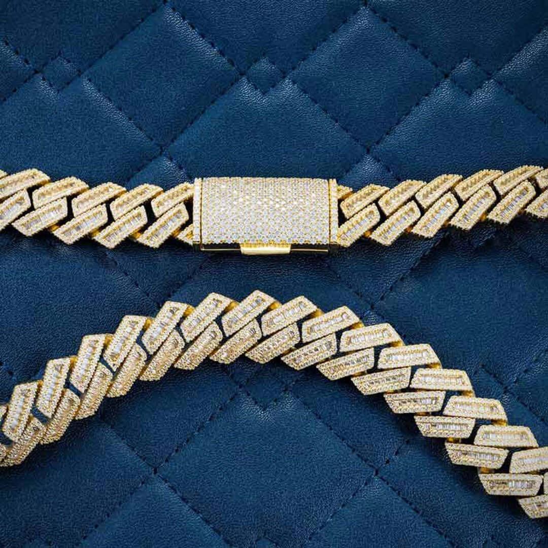 15mm Round Moissanite Cuban Link Chain in 14K Yellow Gold Close Up Clasp View