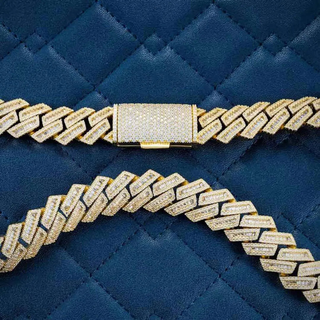 15mm Round Moissanite Cuban Link Chain in 14K Yellow Gold Close Up Clasp View