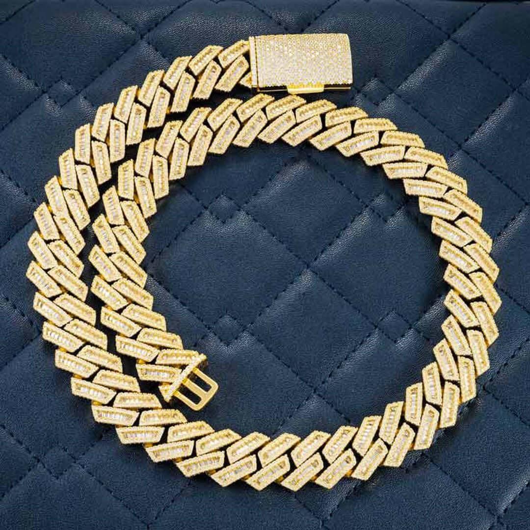 15mm Round Moissanite Cuban Link Chain in 14K Yellow Gold Close Up Front View