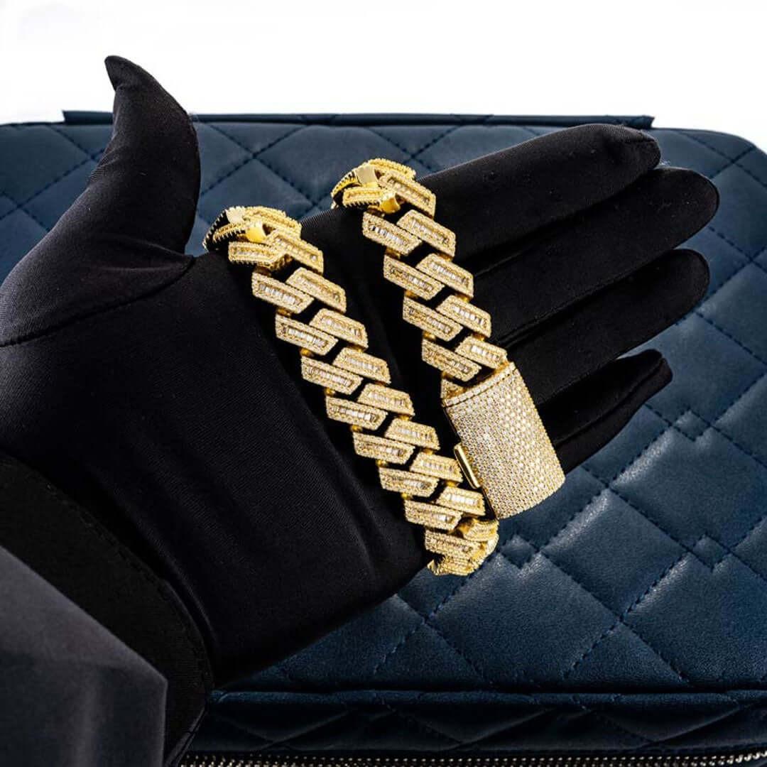 15mm Round Moissanite Cuban Link Chain in 14K Yellow Gold On Hand View