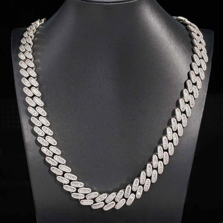 16mm Round Moissanite Cuban Link Chain in 14K White Gold On Neck View