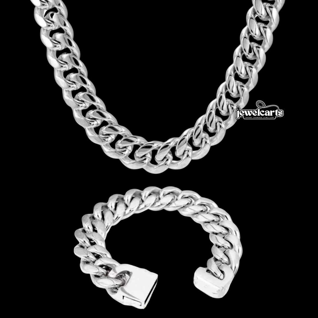 18MM Silver Cuban Chain and Bracelet Set Front View