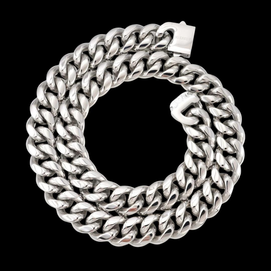 18MM Silver Cuban Chain and Bracelet Set Full Close Up View
