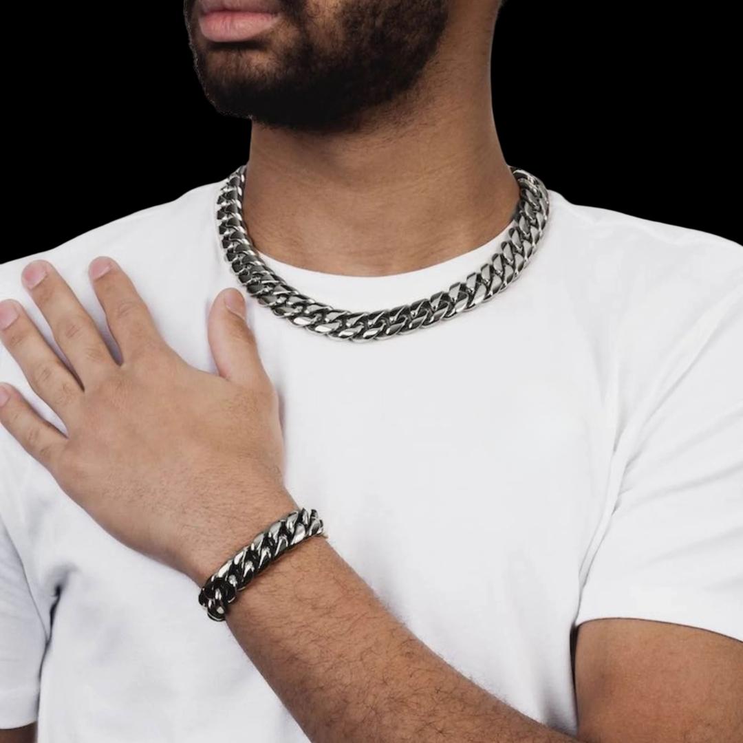 18MM Silver Cuban Chain and Bracelet Set Neck and Hand View