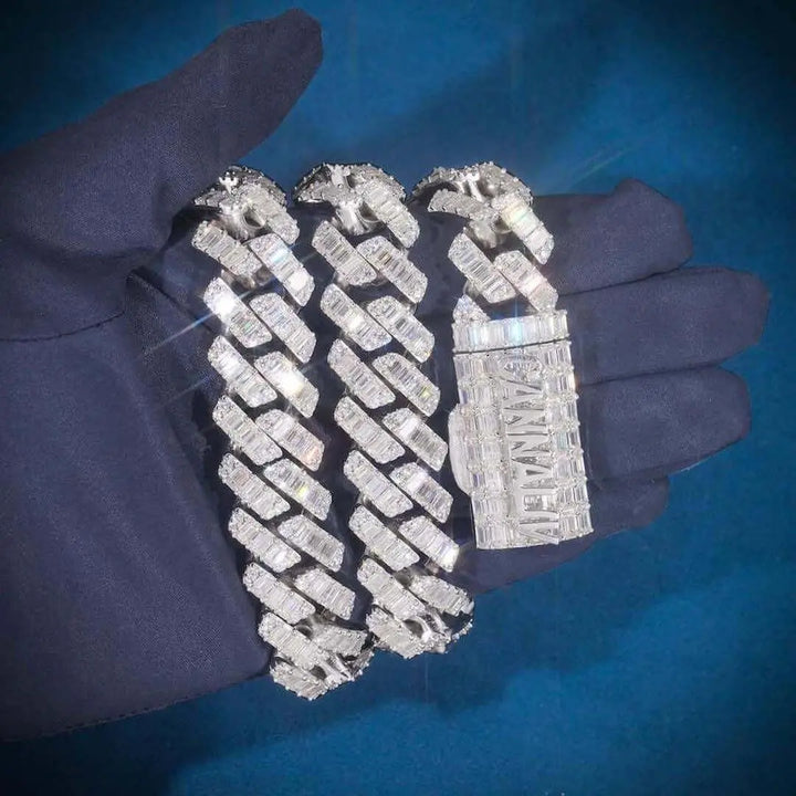 18mm Baguette Moissanite Cuban Link Chain in 14K White Gold On Hand View