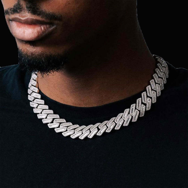 18mm Round Moissanite Cuban Link Chain in 14K Gold On Neck View