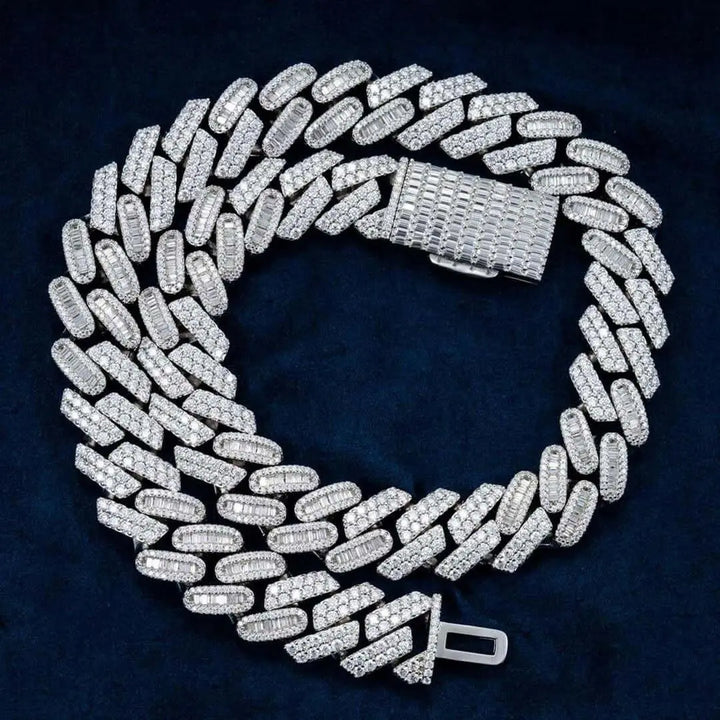 18mm Round Moissanite Cuban Link Chain in 14K White Gold Close Up Front View