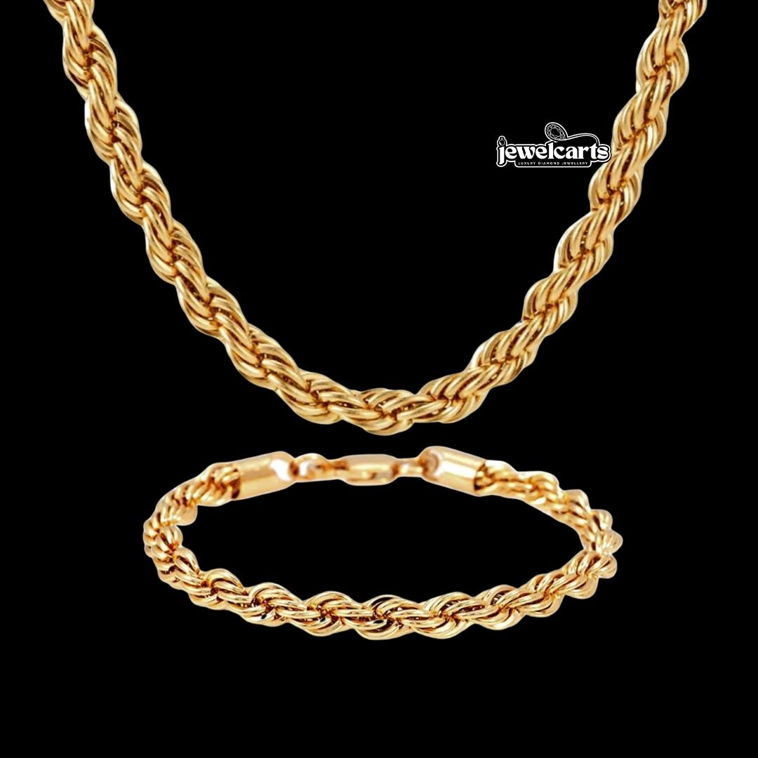 6MM Yellow Gold Rope Chain and Bracelet Matching Set