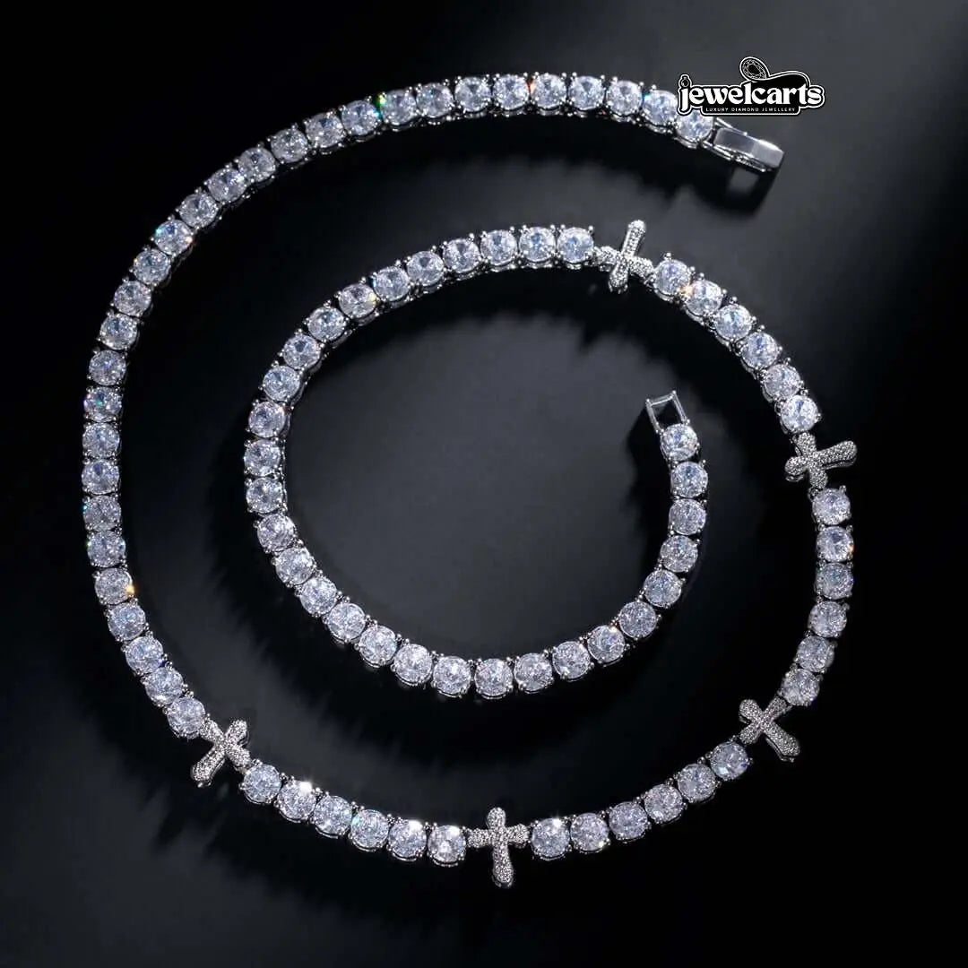 Round Moissanite Cross Accent Tennis Necklace in 14K White Gold Jewel Carts