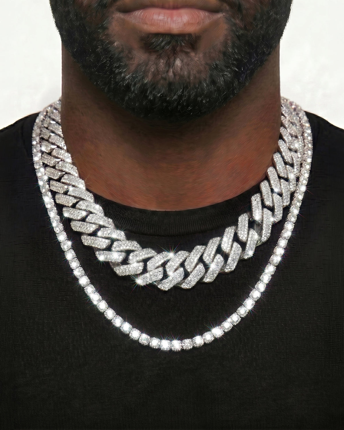 925 Sterling Silver VVS Moissanite Tennis and Cuban Chain Stack