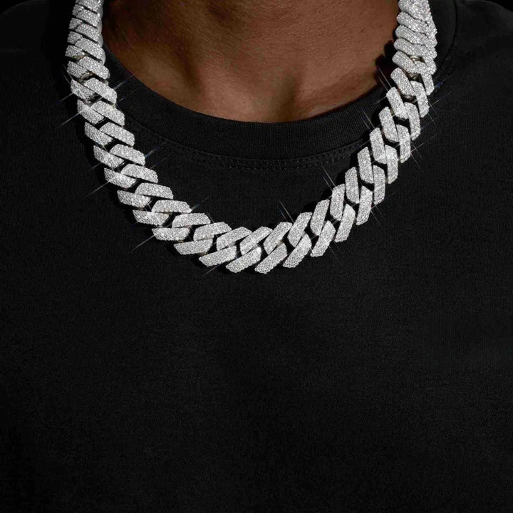 20MM Three Row VVS Moissanite Cuban Chain in 14K Gold Neck View