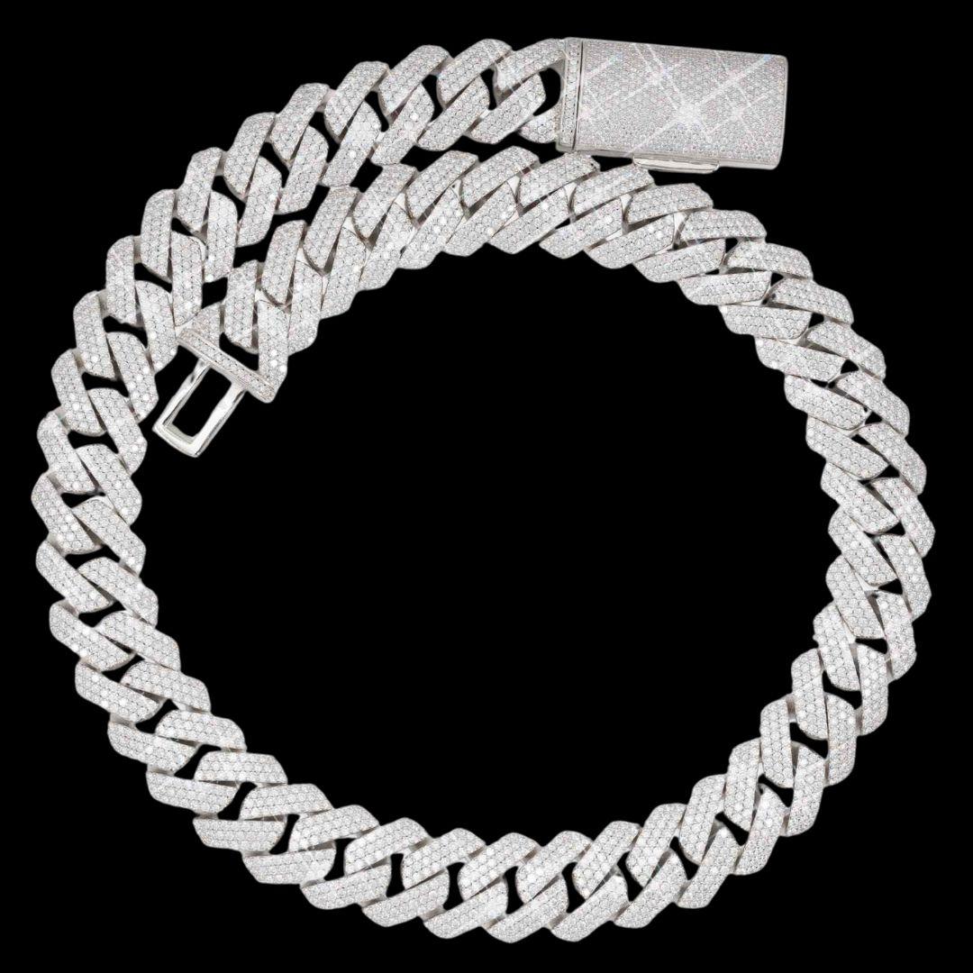 20MM Three Row VVS Moissanite Cuban Chain in 14K White Gold Diamond Full Close Up View