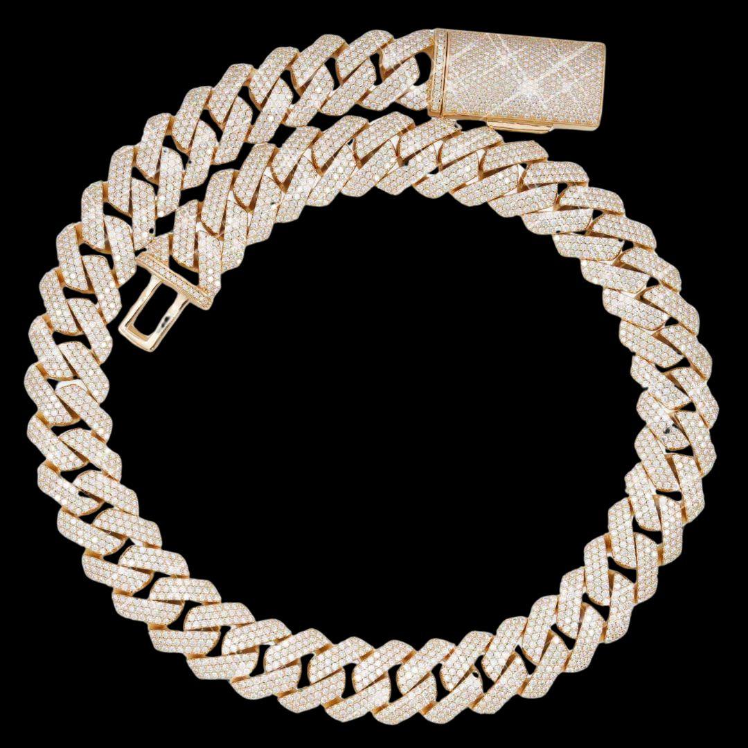 20MM Three Row VVS Moissanite Cuban Chain in 14K Yellow Gold Full Close Up View.