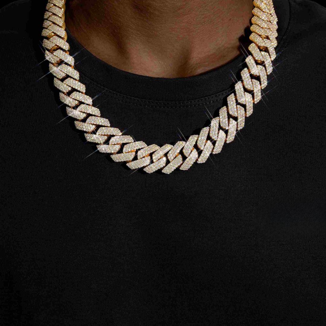 20MM Three Row VVS Moissanite Cuban Chain in 14K Yellow Gold Neck View.