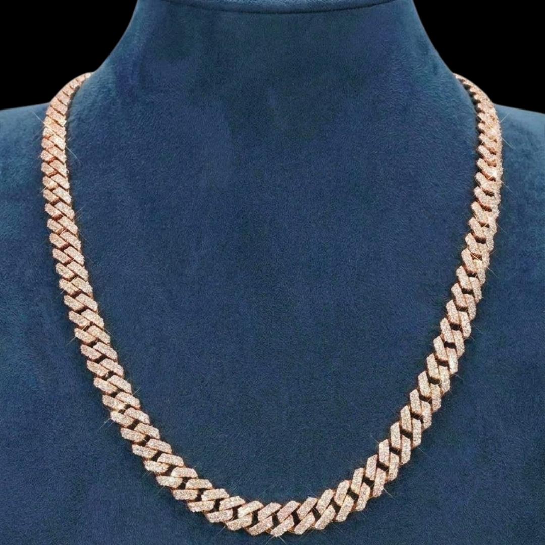 10MM VVS Moissanite Pave Cuban Necklace in 14K Gold