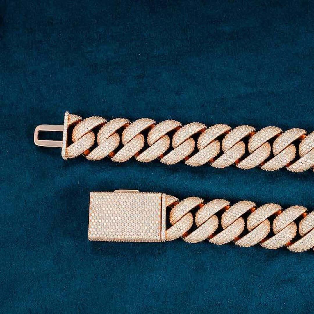 20mm Round Moissanite Cuban Link Chain in 14K Rose Gold Close Up Clasp View