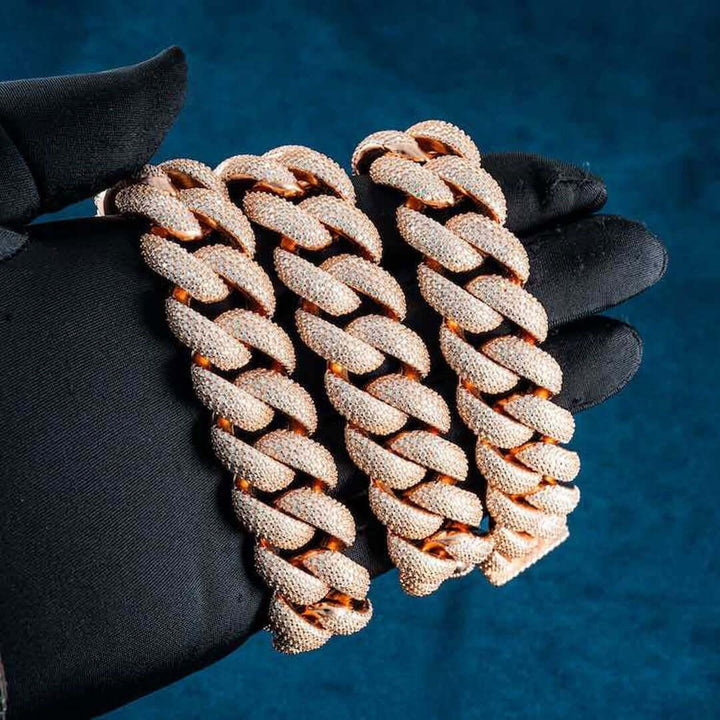 20mm Round Moissanite Cuban Link Chain in 14K Rose Gold On Hand View